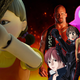 Stone Cold Steve Austin and characters from Alice In Borderlands, Gantz, and Fall Guys stand in front of a fiery background as they play a game of red light green light with Squid Game's little girl.